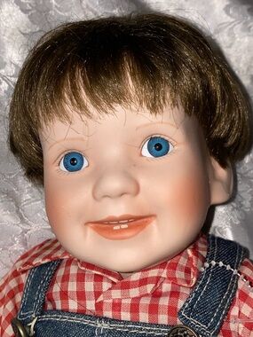 Vintage Style Vinyl Boy Doll Soft Body Denim Overalls 13”